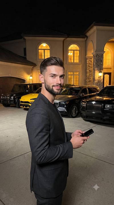 Confident man in charcoal suit poses before luxury cars