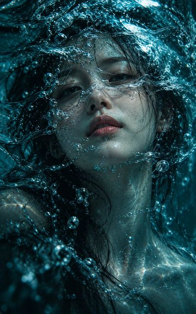 Her face dissolves into rippling teal ocean light