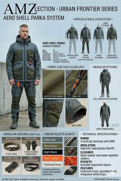 AMZ Collection urban frontier series technical outerwear spec sheet