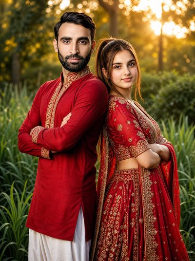 A South Asian couple poses back-to-back in golden garden sunlight