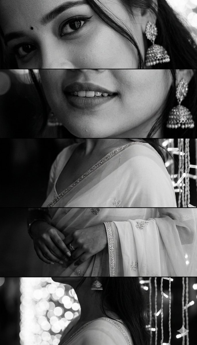 South Asian woman's face splits into five cinematic horizontal strips