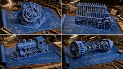 A steam locomotive folds up from blue blueprint paper