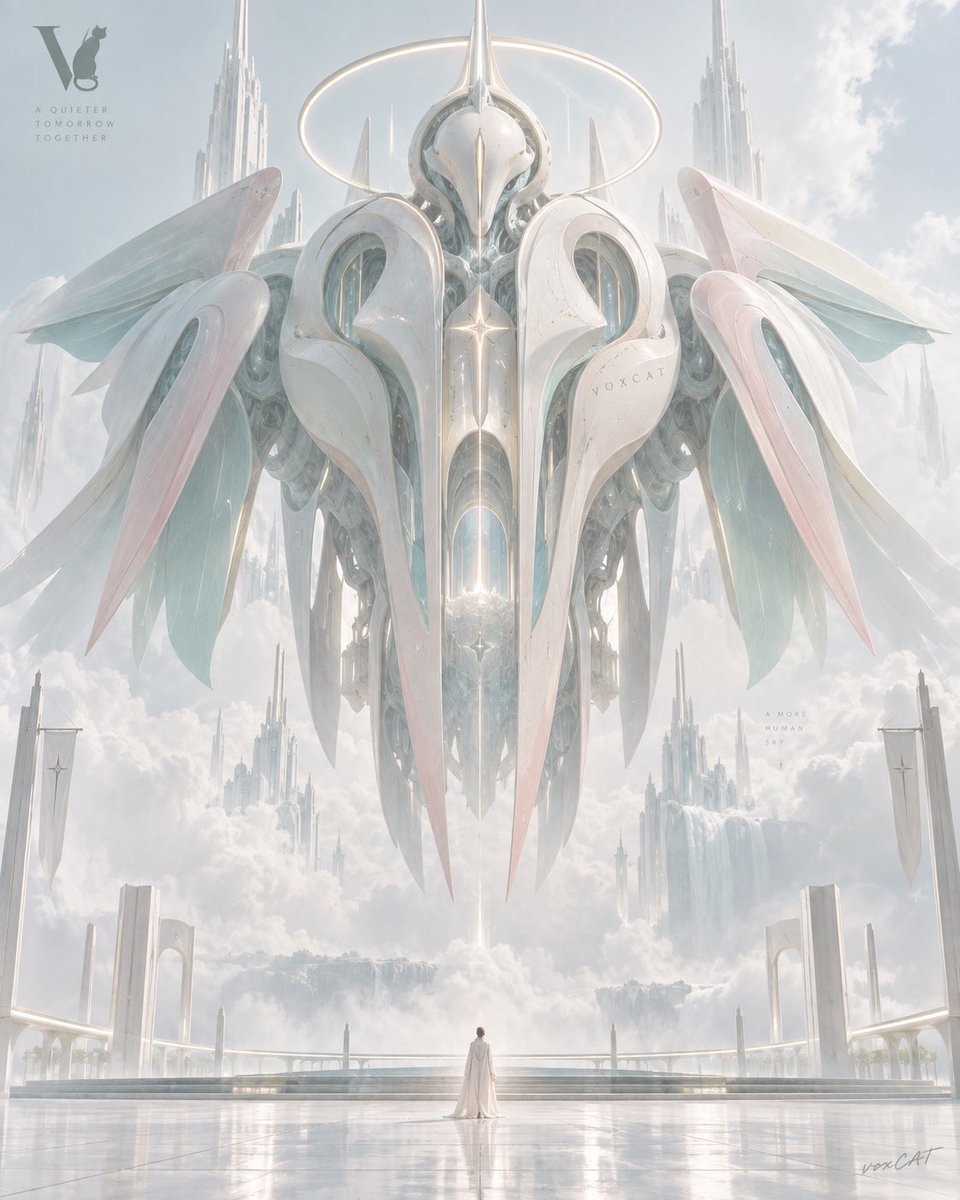 Biomorphic mech hovers silently above a tiny figure in a flower field
