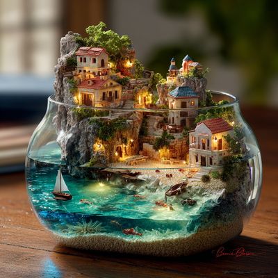 A miniature coastal village thrives inside a giant glass aquarium.