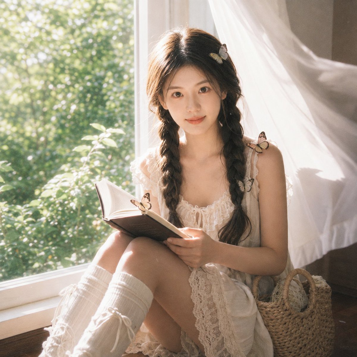 A girl reads by a sunlit window while butterflies rest gently