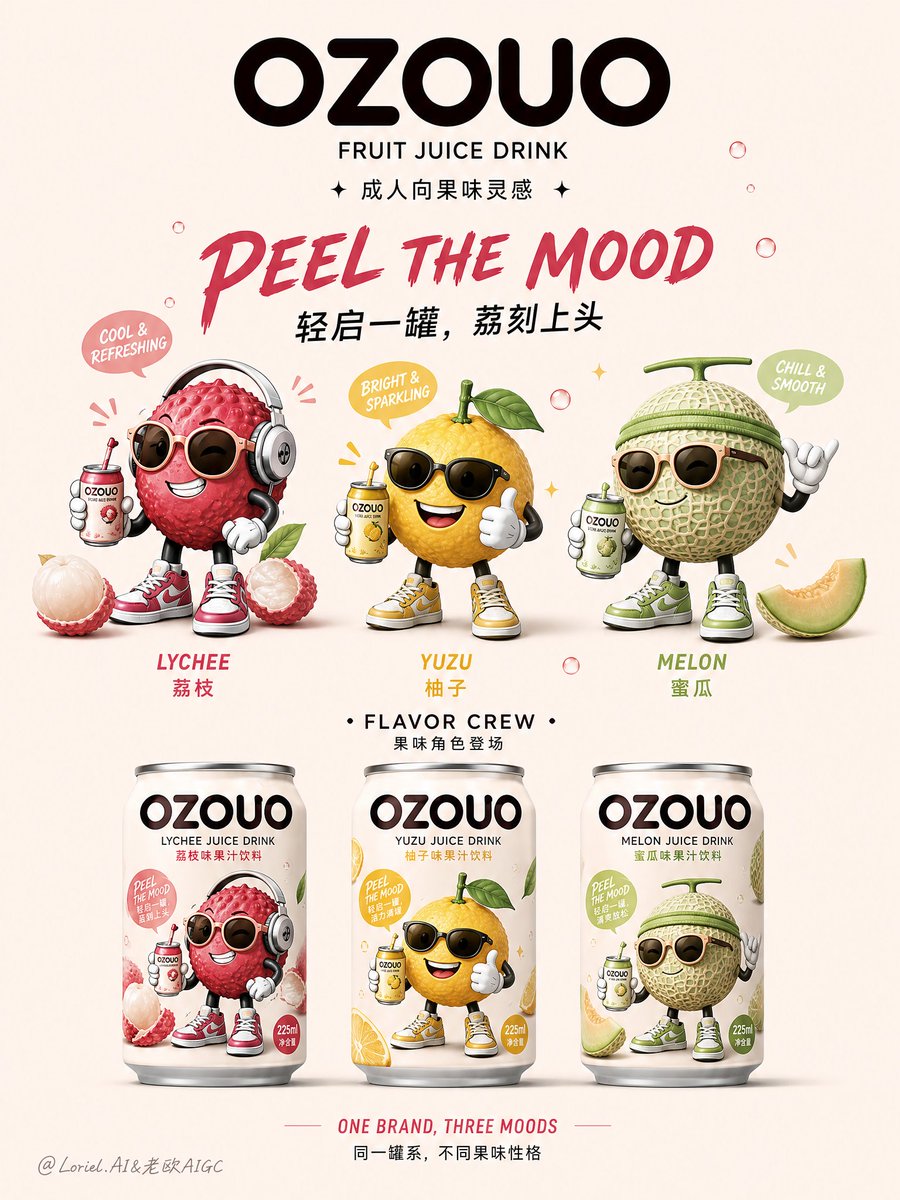 OZOUO flavor lineup poster shows mascot family and three cans
