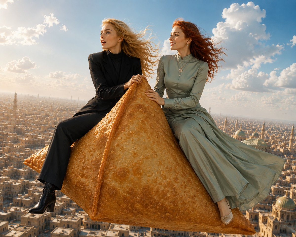 Two elegant women fly on a golden samosa above a historic city