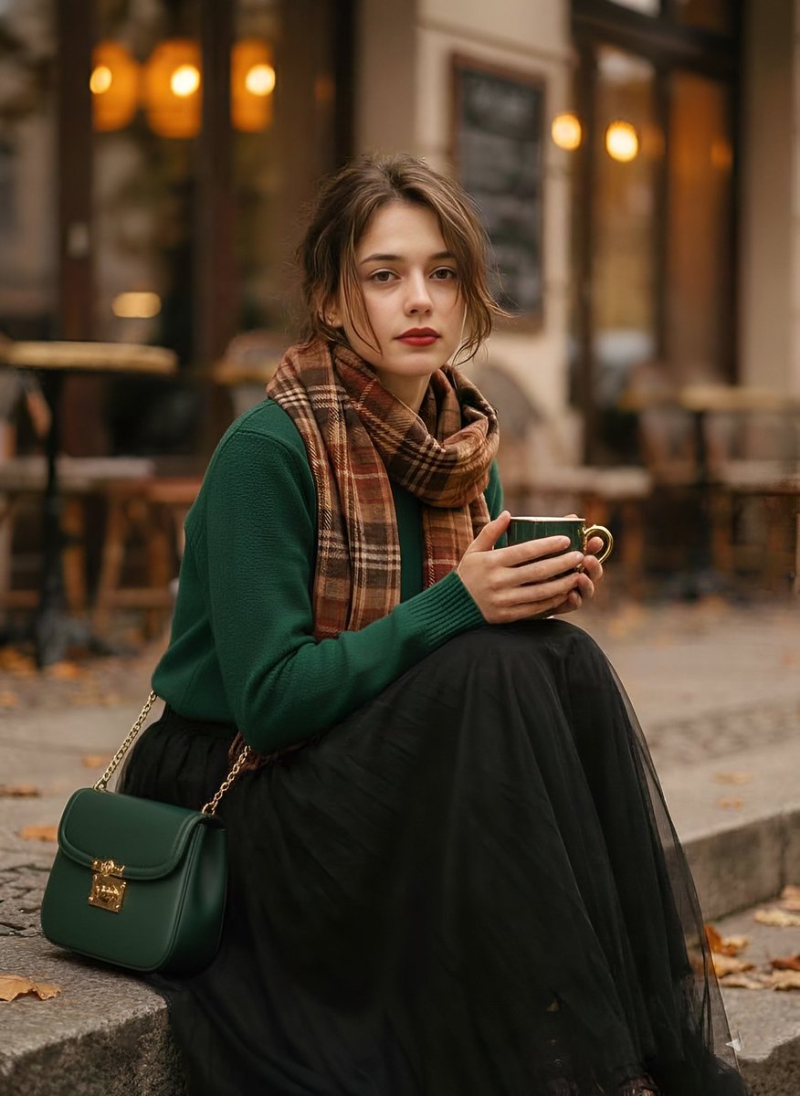 A woman in forest green knit sits at a vintage cafe