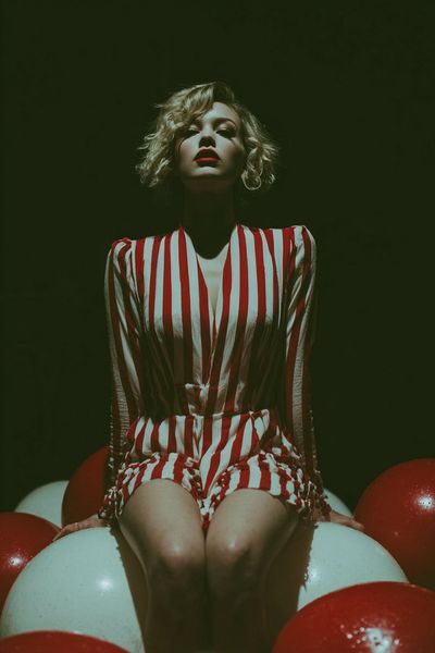 Surreal Pin-Up Elegance Amid Inflatable Red Balloons
