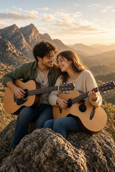 Young Couple Plays Guitars on Mountain Boulder at Sunset