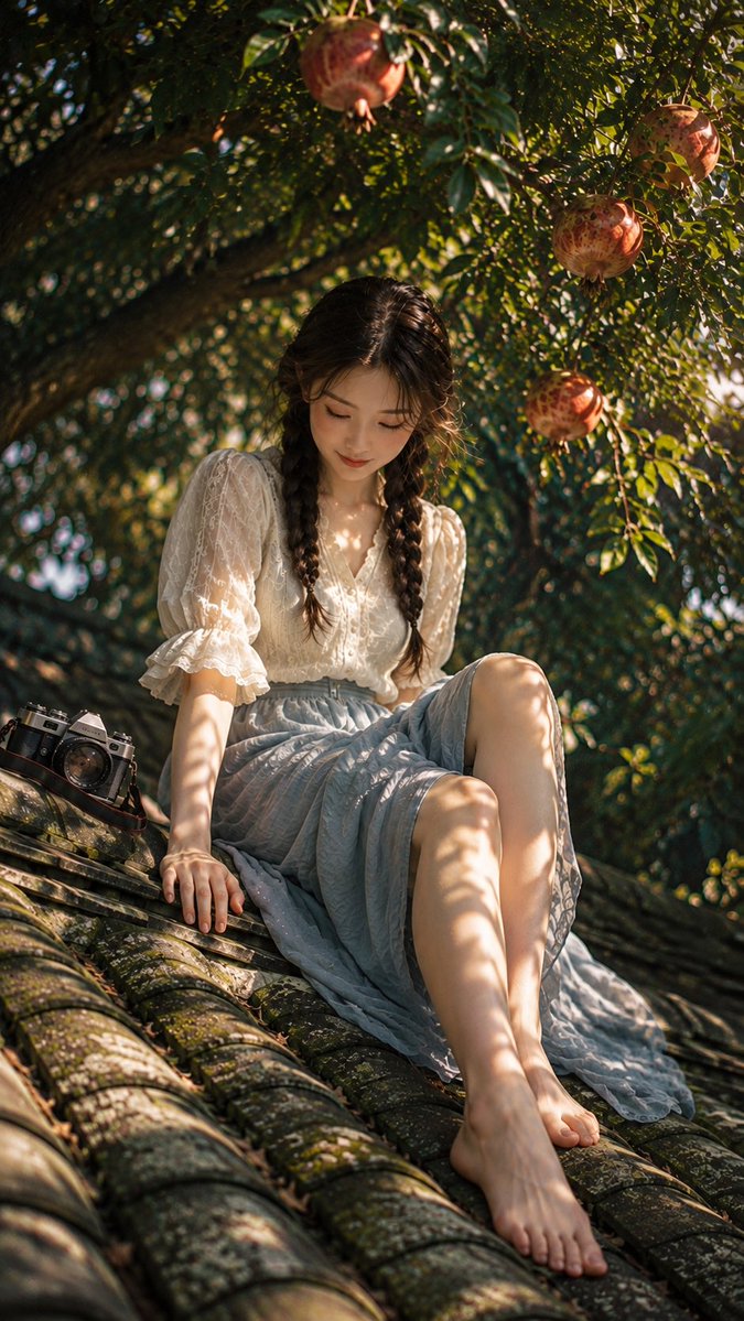 Young Woman Sits on Mossy Tiled Roof in Amber Sunlight