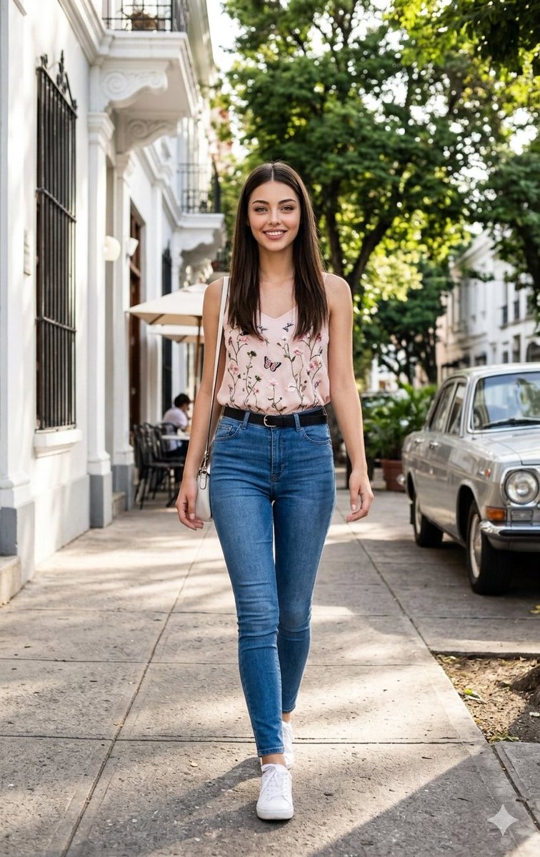 A smiling woman in embroidered pink top walks in sunlight.