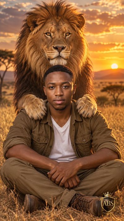 Golden savannah sunset frames man and lion in cinematic portrait