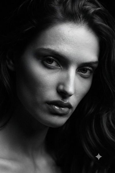 A monochrome close-up captures intense soulful eye contact.