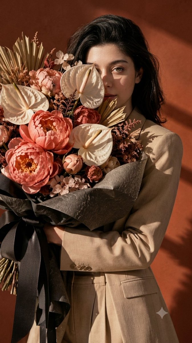 Woman Holds Giant Floral Bouquet Against Terracotta Studio Wall