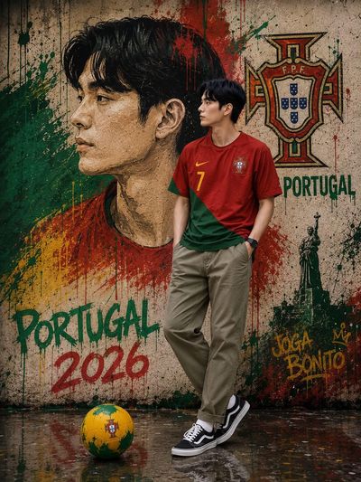 A South Korean football fan poses before a giant graffiti mural