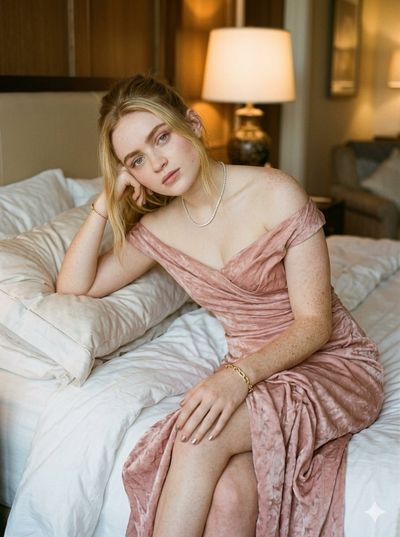 Woman in velvet gown sits on rumpled bed in warm light