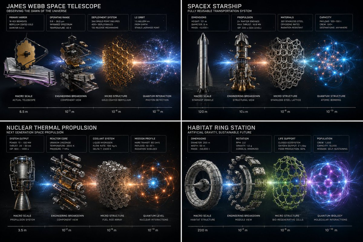 A masterclass scientific editorial reveals complex space machines in a grid
