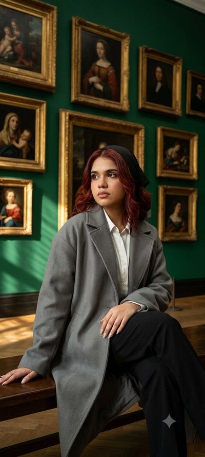 A woman in gray coat sits pensively in a green gallery