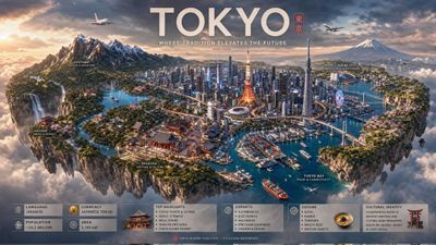 Floating island of Japan glows with neon cities and ancient temples