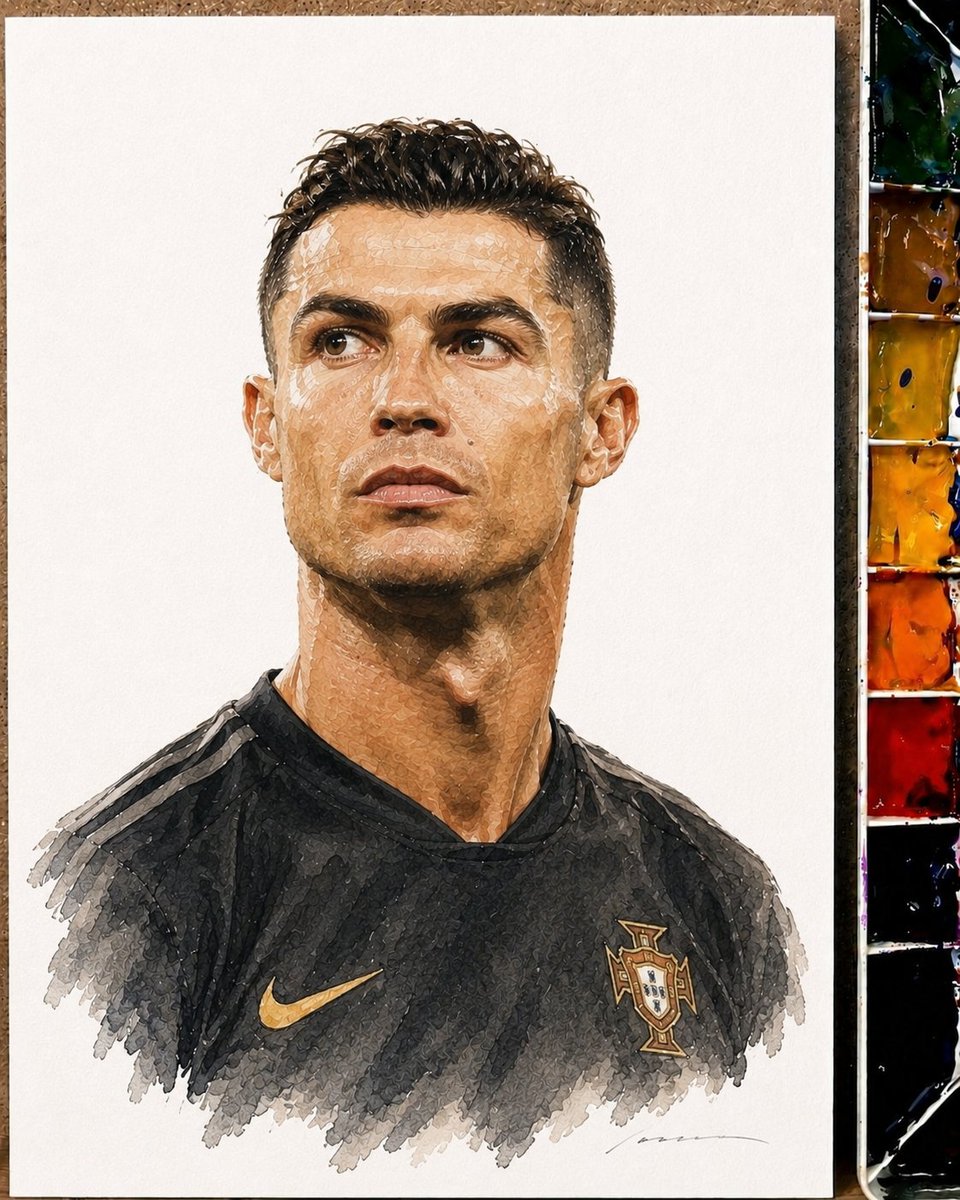 Ronaldo and Messi share a watercolor portrait in GOAT debate.