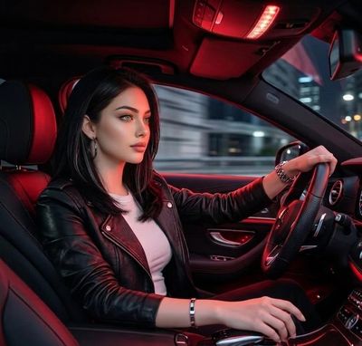 A woman with shaggy black hair drives under red cabin lights