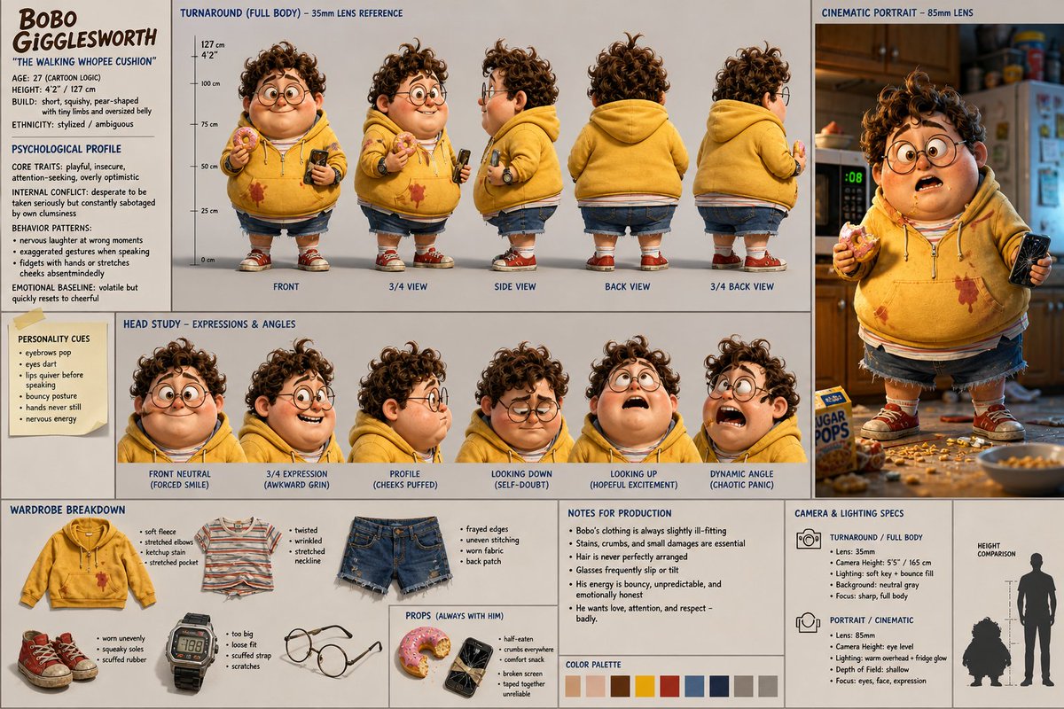 Cinematic Character Design Sheet for AI Video Production