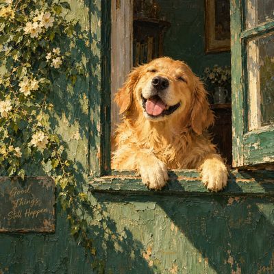 A warm impasto painting shows a figure peeking from a doorframe
