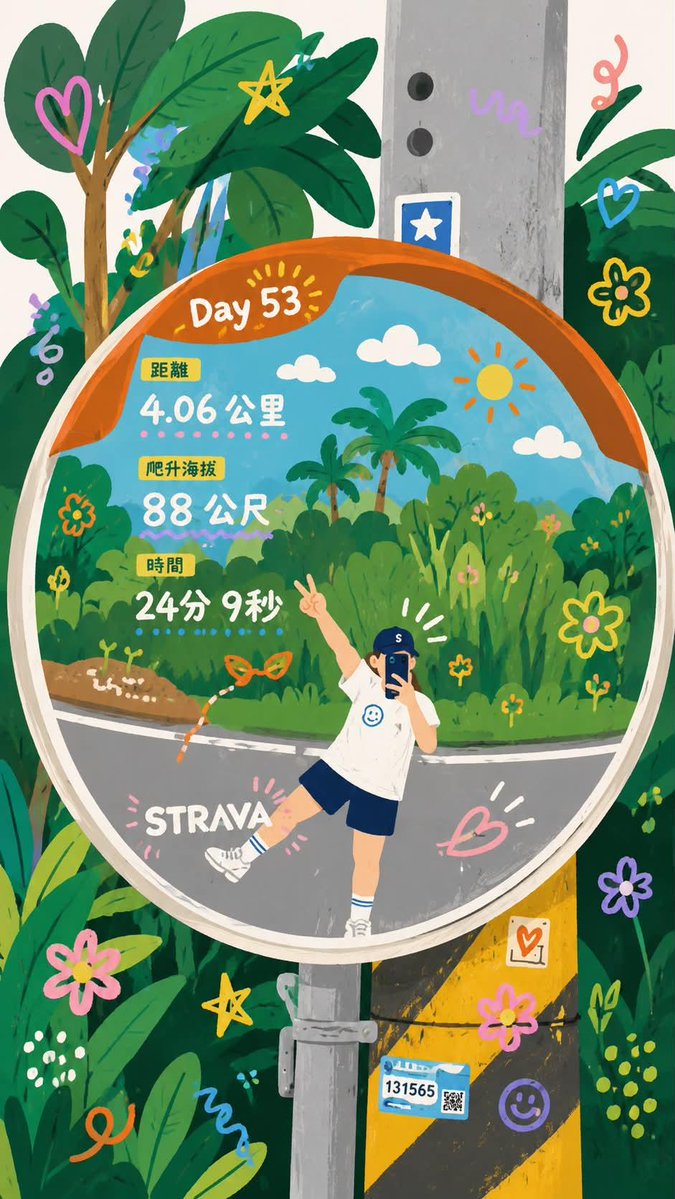 A jogger strikes a peace sign in a whimsical painted mirror world