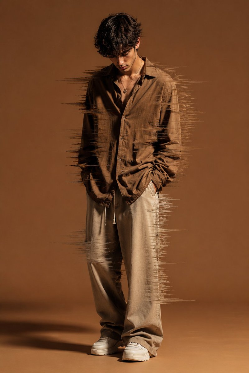 Young man in oversized shirt poses with dramatic glitch smear effect