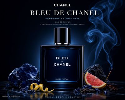 A polished blue bottle glows under soft studio lights