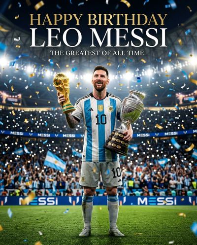 Messi lifts arms in celebration under stadium floodlights on his birthday
