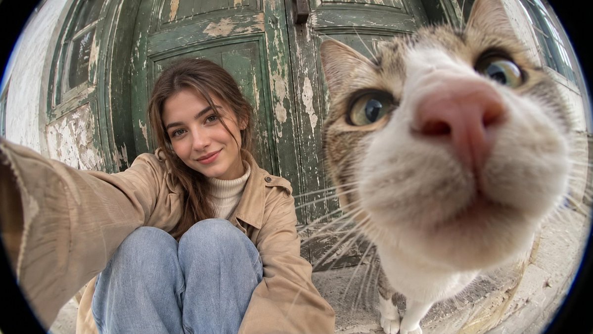 Woman and Tabby Cat Share Fisheye Selfie at Rustic Door