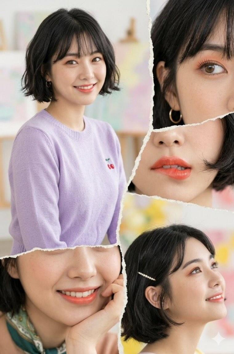 Young woman with wavy black hair shows bright cheerful expressions