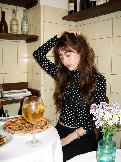 2000s Cafe Portrait with Vintage Digital Camera Charm