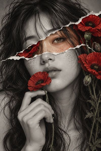 Freckled girl tears open grayscale portrait revealing red poppies inside