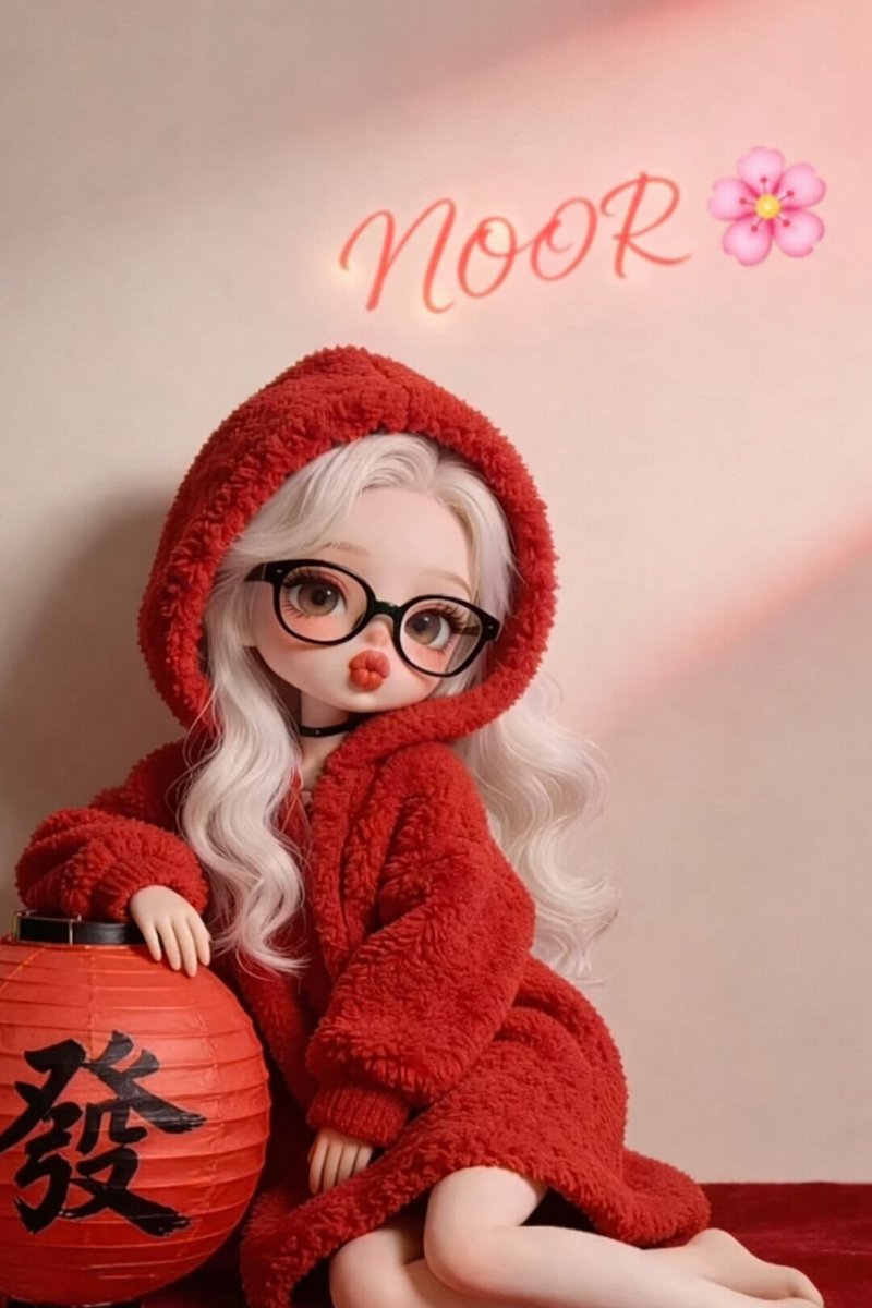 Chibi Girl in Cozy Red Hoodie Beside Glowing Lantern