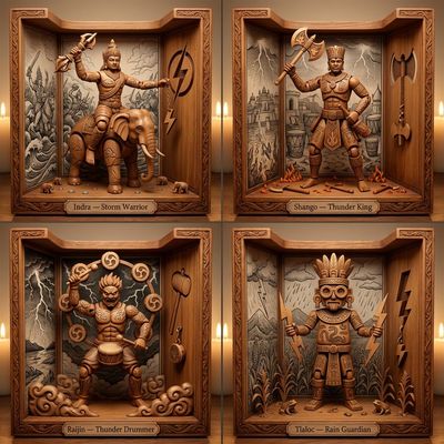 Carved Wooden Shrine: Four Hidden Tricksters in Mythic Automaton Form
