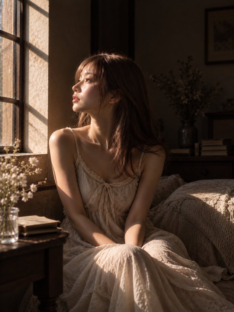 Woman in Lace Dress Basking in Golden Window Light