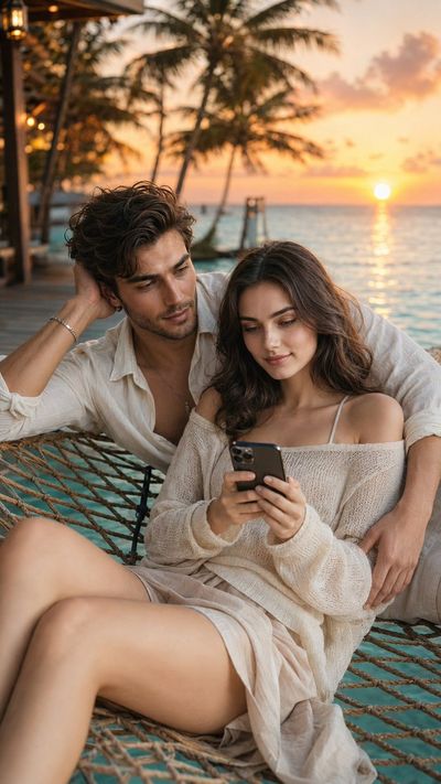 A couple relaxes on a hammock in a tropical lagoon