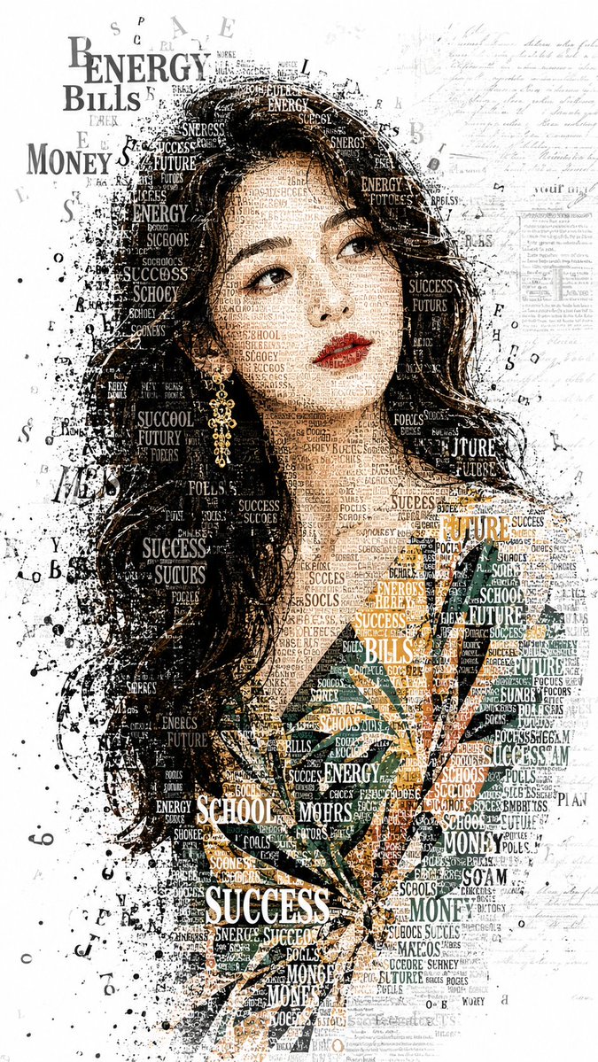 A typographic portrait forms a woman from words and letters