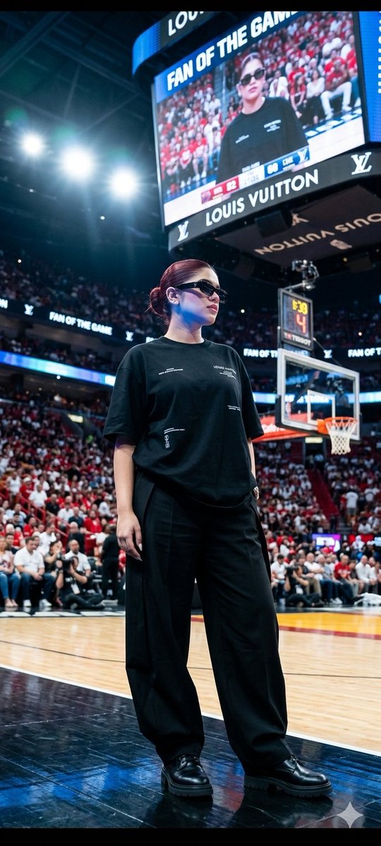 A woman in oversized shirt stands under bright jumbotron screen.