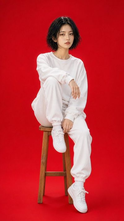 Young woman in white sweatsuit poses on stool against red backdrop