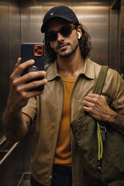 Hyper-Realistic Mirror Selfie in Modern Elevator