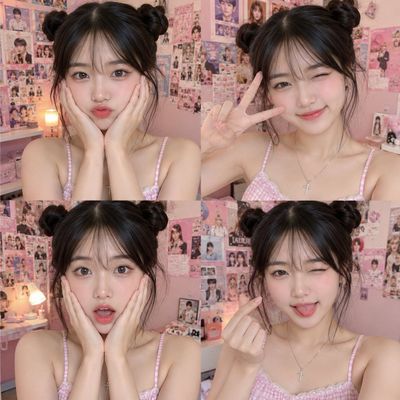 A K-pop idol pouts and winks in a cozy pink bedroom collage