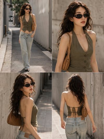 Korean street fashion editorial with olive halter top