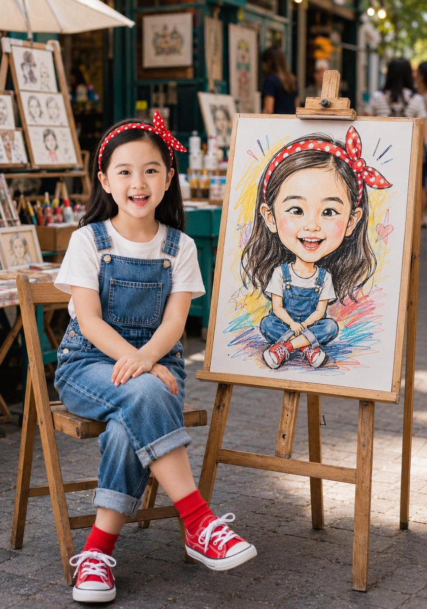 Artist paints a playful caricature of a relaxed man at an outdoor market