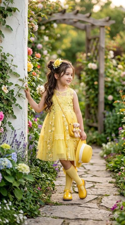 Little girl in yellow dress poses in lush garden sunlight