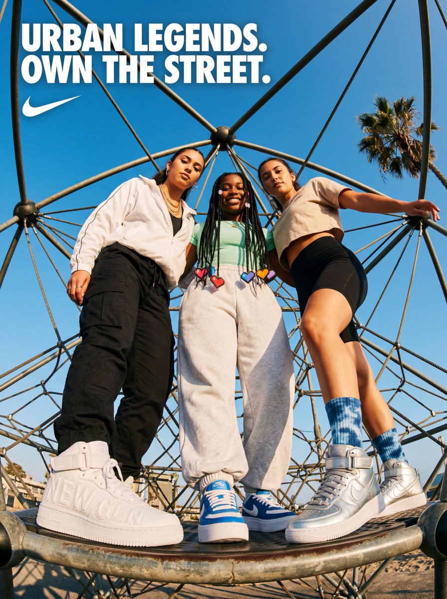 Three confident women pose on a geodesic dome under blue sky.