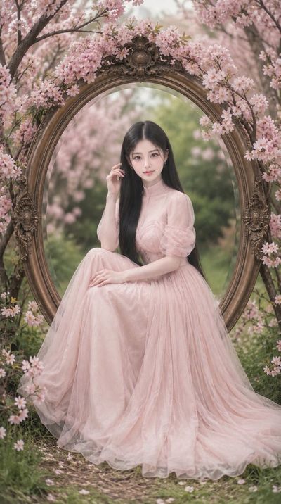 Elegant Korean Girl in Antique Gold Mirror Amid Cherry Blossoms